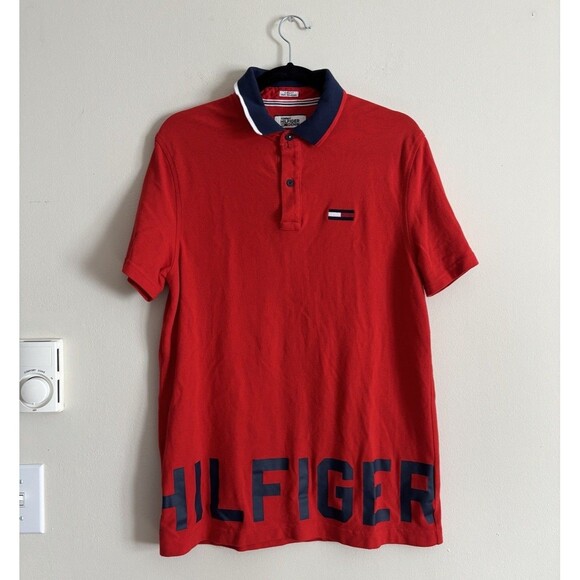 Tommy Hilfiger‎ Custom Fit Mens Medium Polo Rubgy Short Sleeve Shirt BIG Logo - Picture 1 of 7